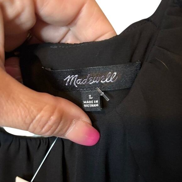 NWT Madewell Black Chiffon Smocked Mini Dress L | Lined Long Sleeve - Picture 8 of 10